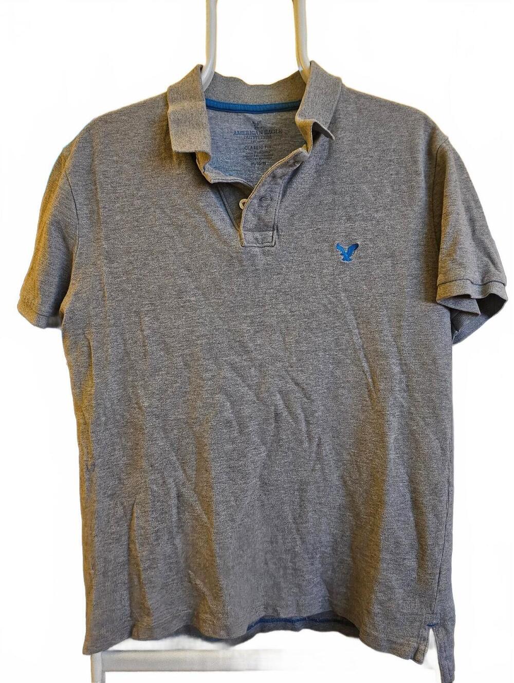American Eagle Short Sleeve Polo Shirt Men's Gray Logo 100% Cotton - Size M -EUC